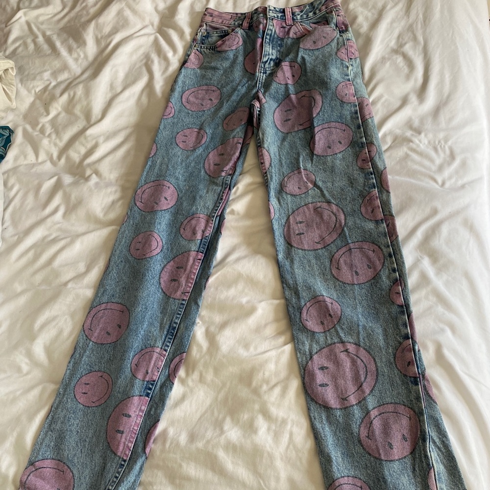 High Rise Baggy Jeans with pink smiley faces :)